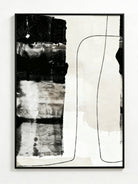 Large vertical hand-painted abstract oil painting with heavy black blocks and minimalist lines on a beige background