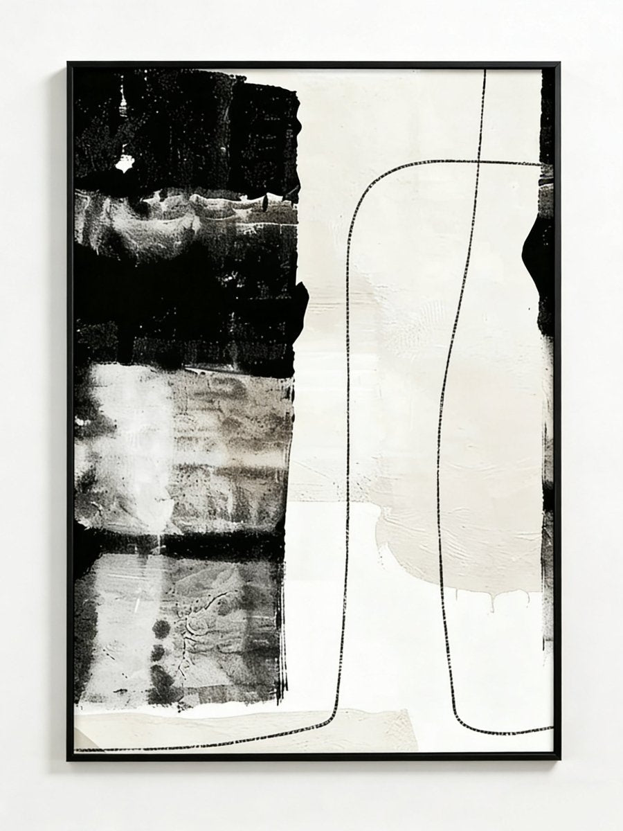 Large vertical hand-painted abstract oil painting with heavy black blocks and minimalist lines on a beige background