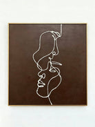hand-painted 3D textured line art of two faces on coffee brown canvas, minimalist abstract couple painting for bedroom wall decor.