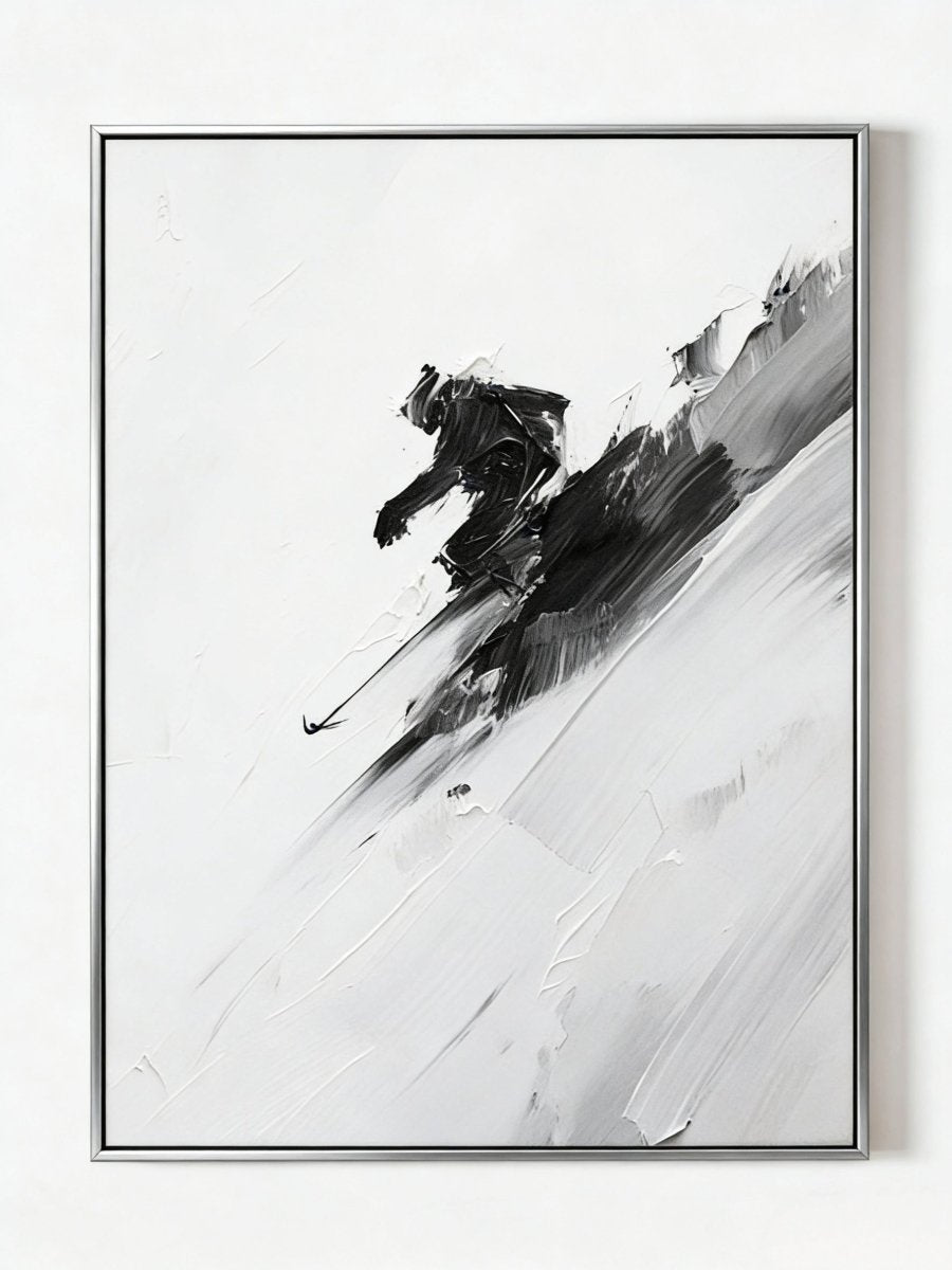 Original abstract ski painting– high-contrast black and white impasto strokes, dynamic motion art for modern interiors