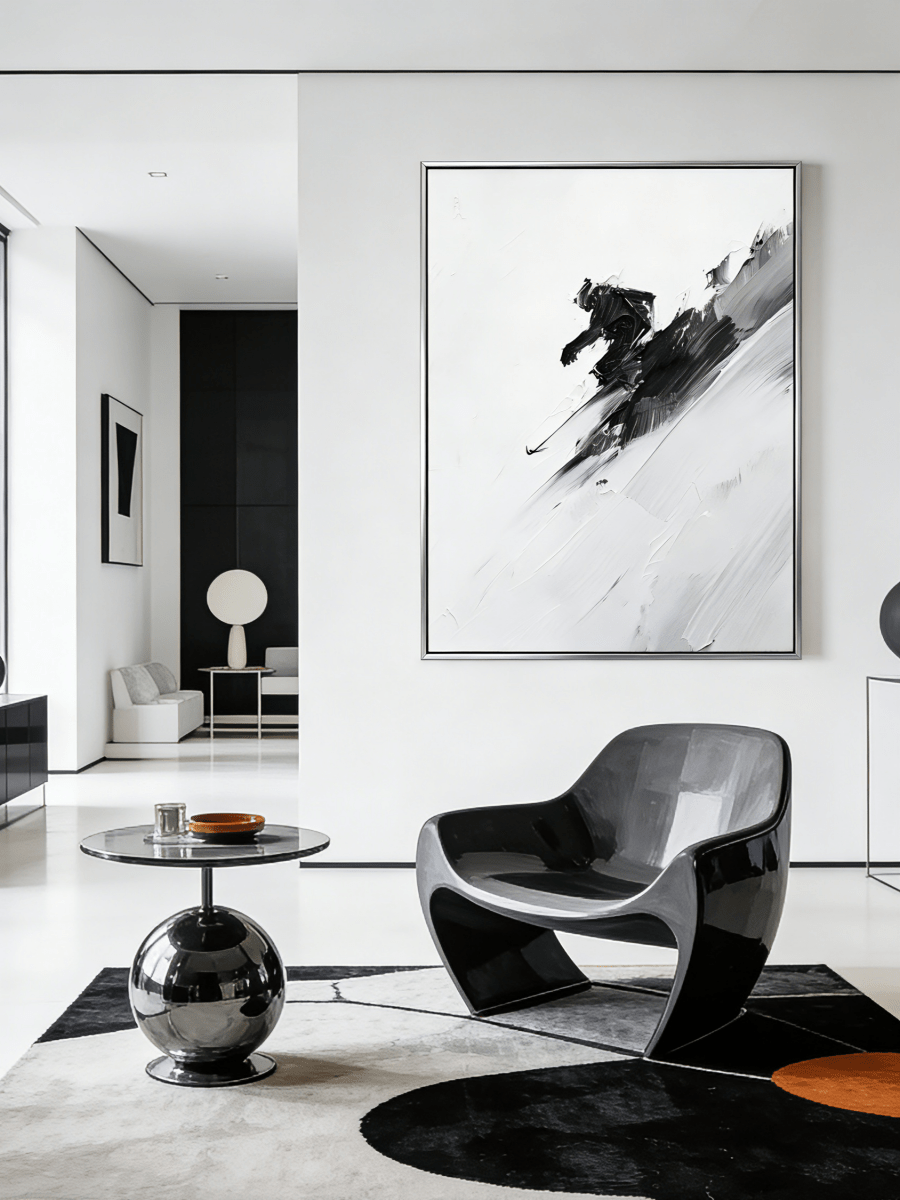 Original abstract ski painting– high-contrast black and white impasto strokes, dynamic motion art for modern interiors