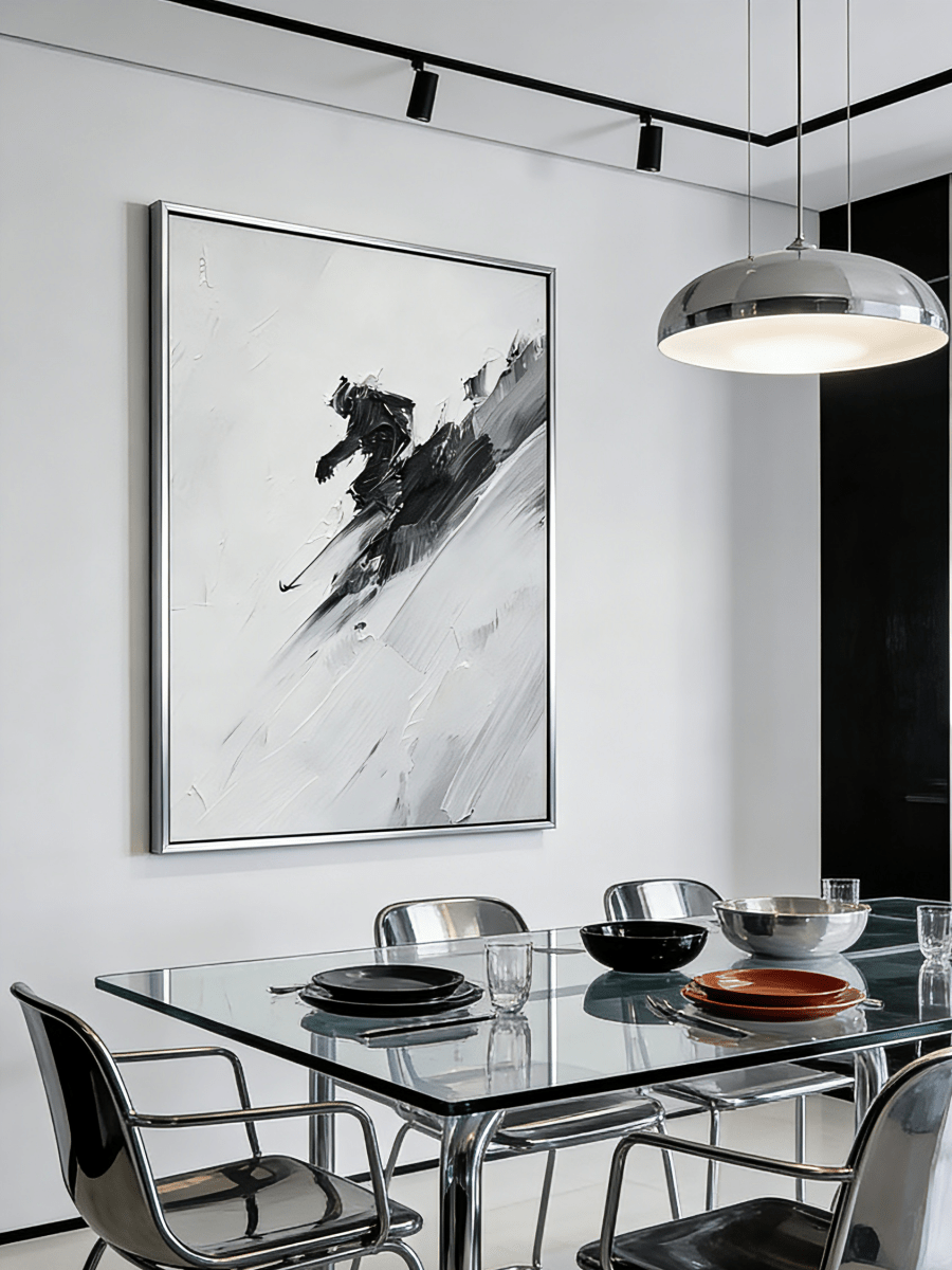 Original abstract ski painting– high-contrast black and white impasto strokes, dynamic motion art for modern interiors