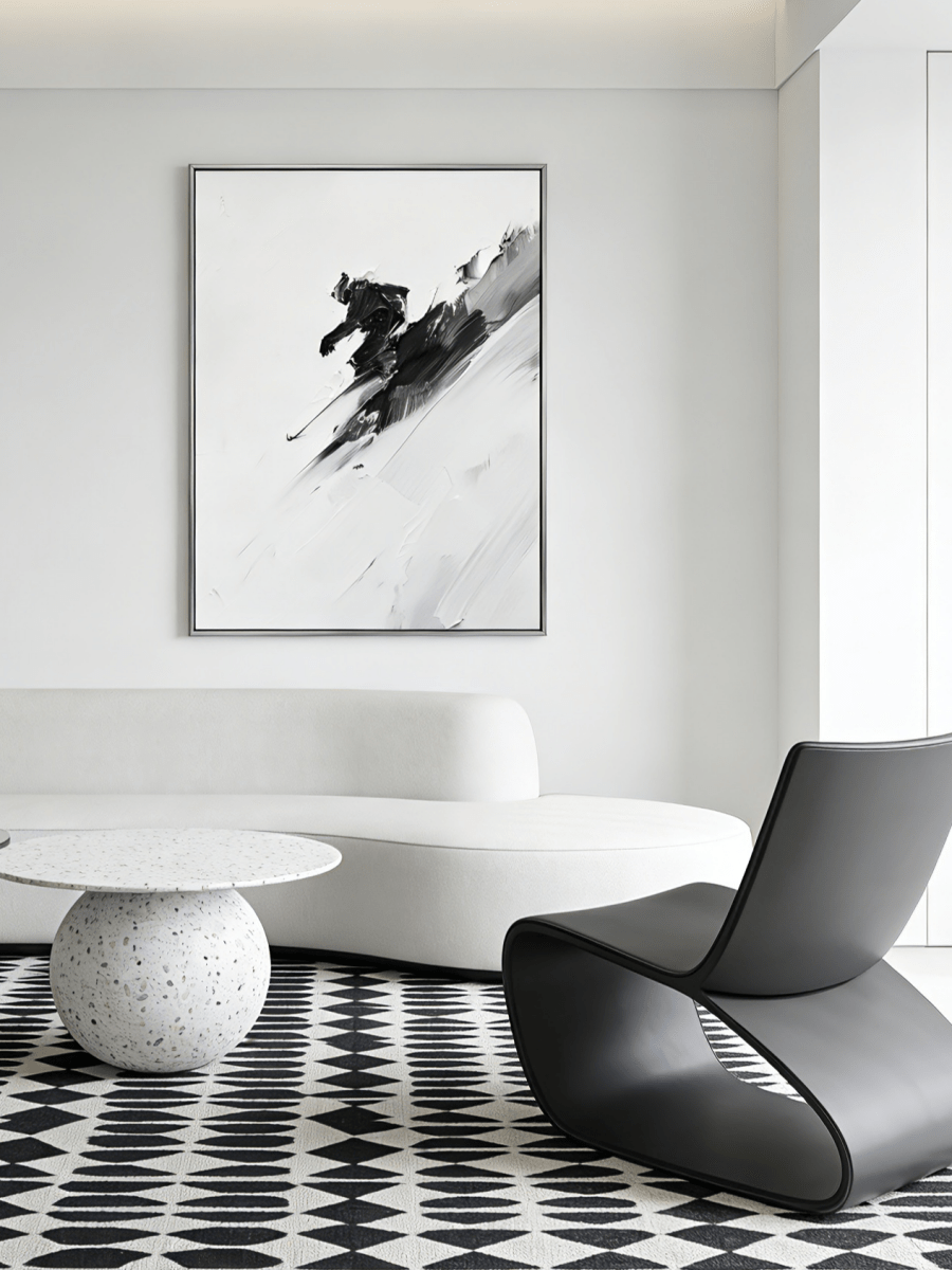 Original abstract ski painting– high-contrast black and white impasto strokes, dynamic motion art for modern interiors