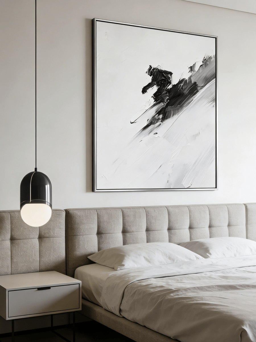 Original abstract ski painting– high-contrast black and white impasto strokes, dynamic motion art for modern interiors