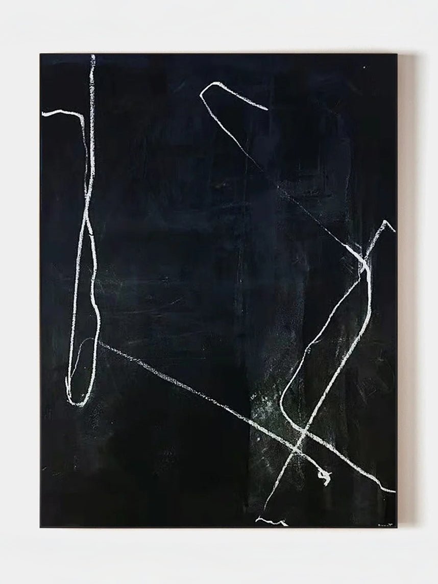 Hand-painted minimalist black and white abstract oil painting, modern wall art for luxury living room.