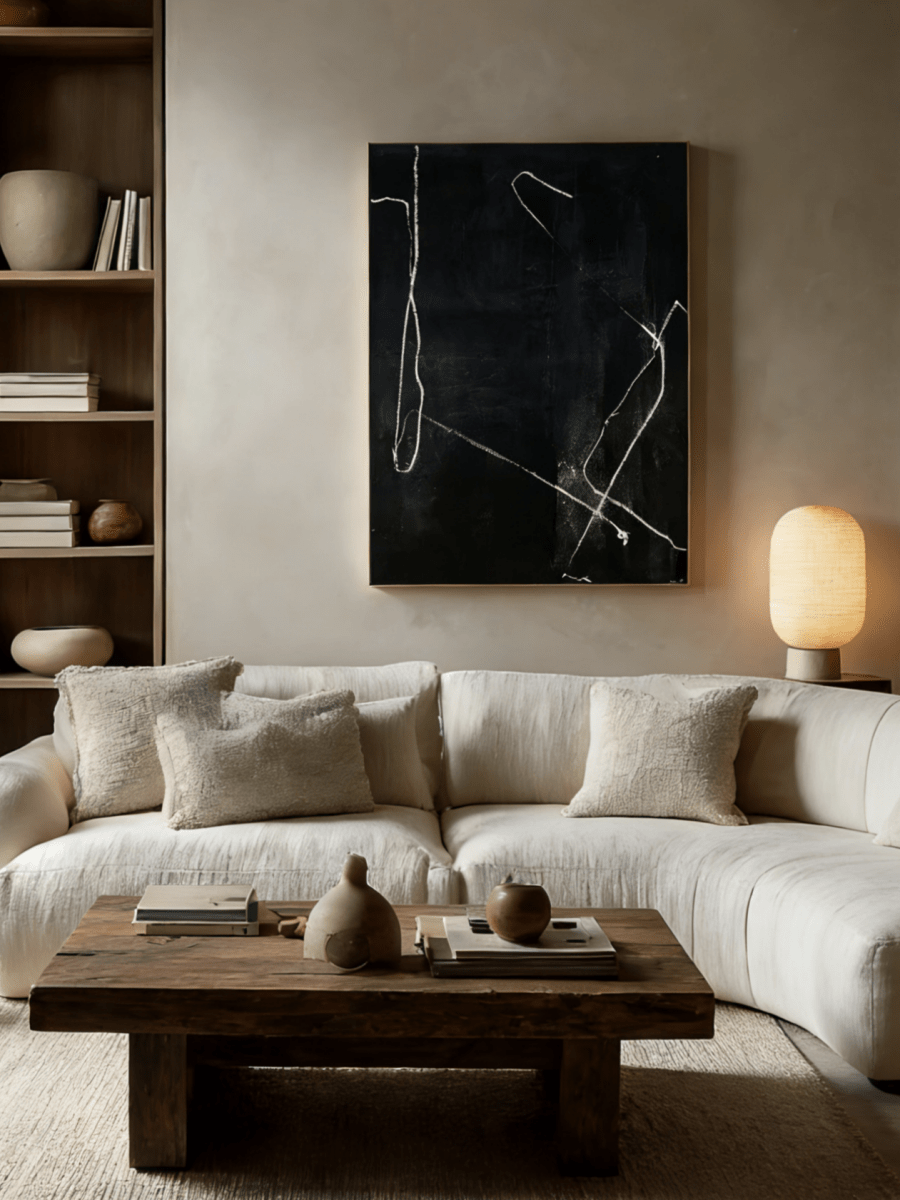 Hand-painted minimalist black and white abstract oil painting, modern wall art for luxury living room.