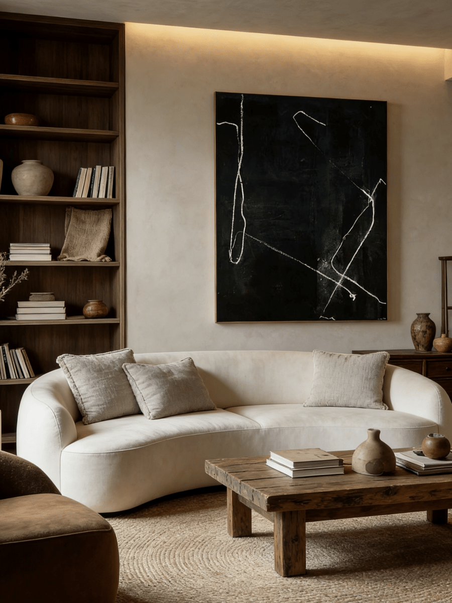 Hand-painted minimalist black and white abstract oil painting, modern wall art for luxury living room.