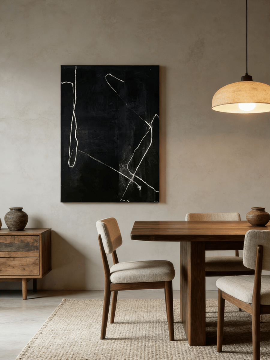 Hand-painted minimalist black and white abstract oil painting, modern wall art for luxury living room.