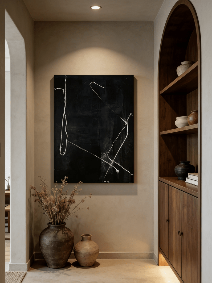 Hand-painted minimalist black and white abstract oil painting, modern wall art for luxury living room.