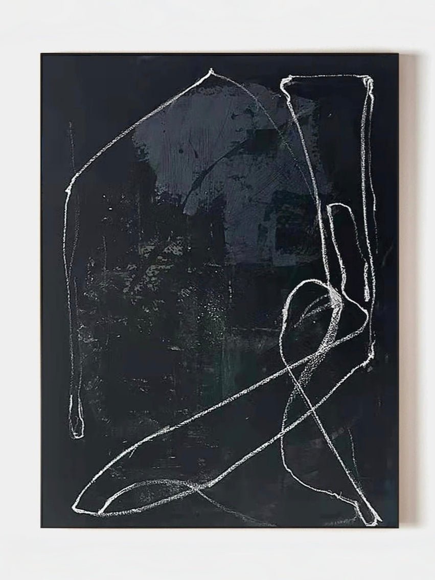Modern hand-painted abstract canvas with white flowing lines on a textured black background