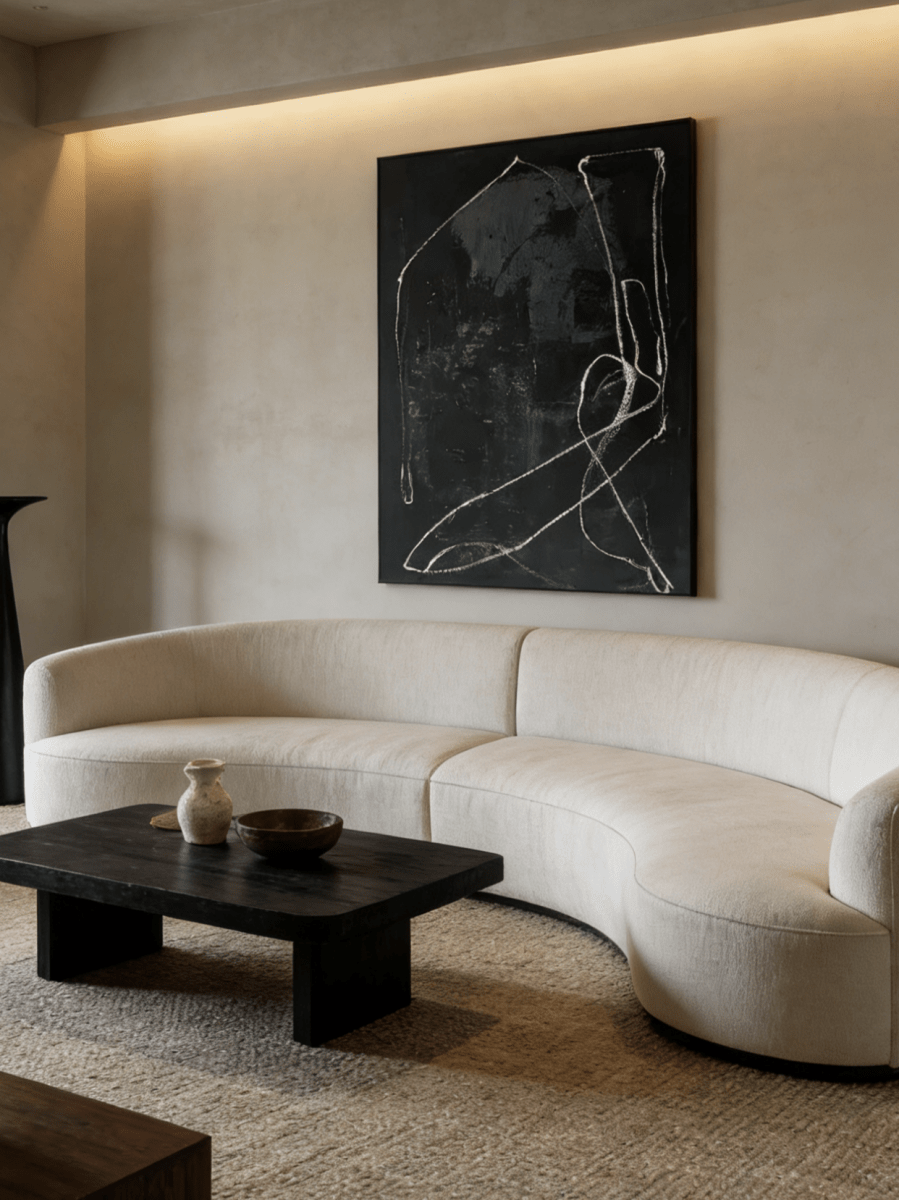 Modern hand-painted abstract canvas with white flowing lines on a textured black background