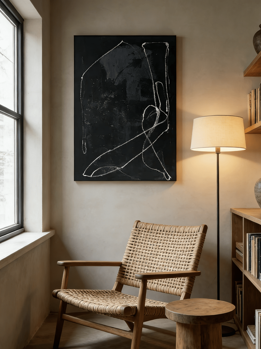 Modern hand-painted abstract canvas with white flowing lines on a textured black background