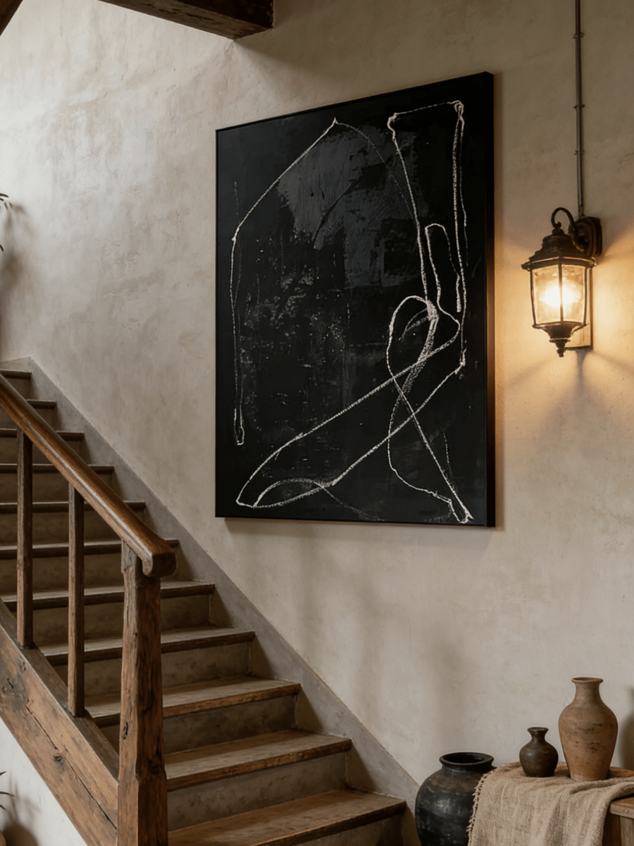 Modern hand-painted abstract canvas with white flowing lines on a textured black background