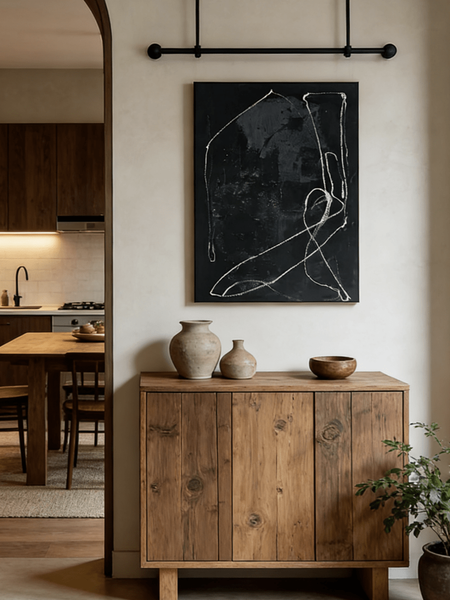 Modern hand-painted abstract canvas with white flowing lines on a textured black background