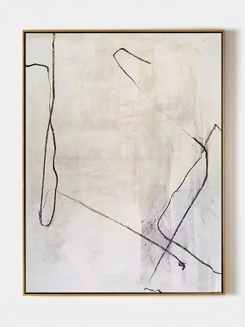 Hand-painted minimalist abstract art; white flowing lines on black canvas and black lines on cream canvas.