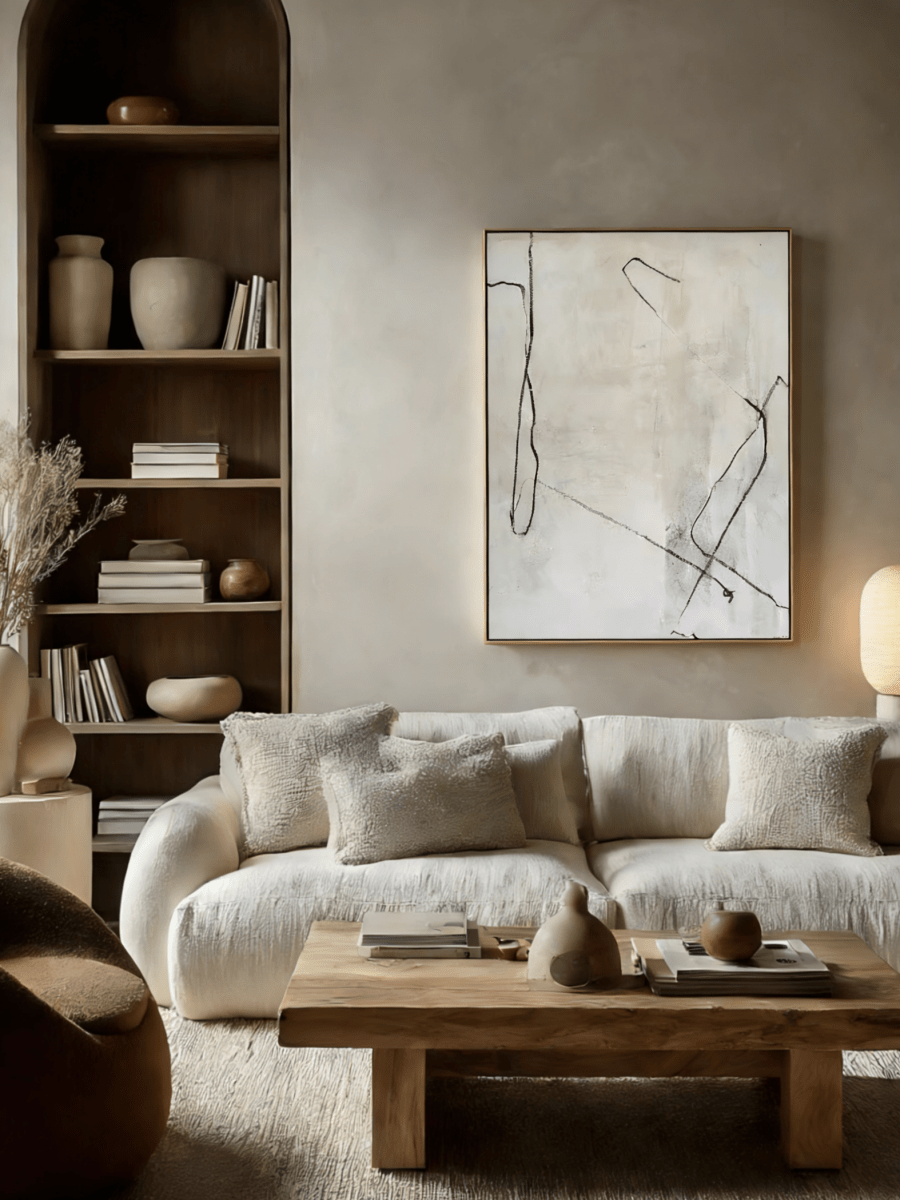 Hand-painted minimalist abstract art; white flowing lines on black canvas and black lines on cream canvas.