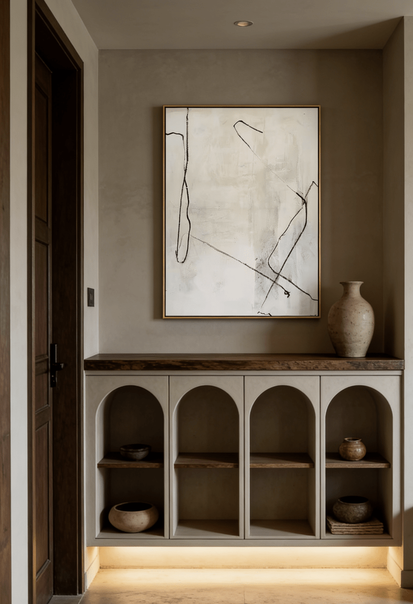 Hand-painted minimalist abstract art; white flowing lines on black canvas and black lines on cream canvas.