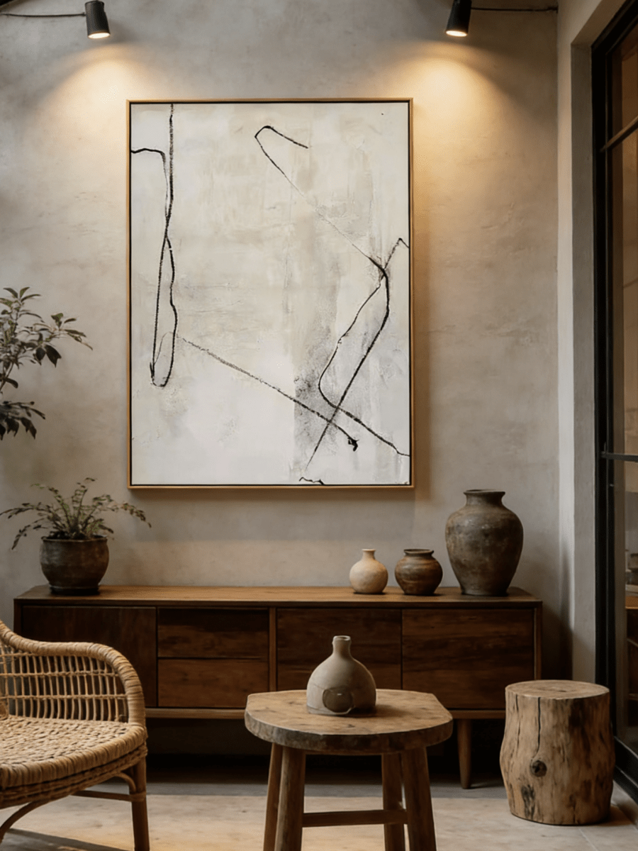 Hand-painted minimalist abstract art; white flowing lines on black canvas and black lines on cream canvas.