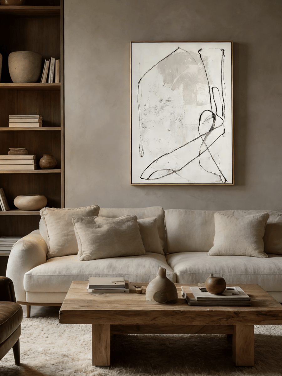 Large hand-painted minimalist abstract line art on canvas, modern monochrome wall decor for luxury home
