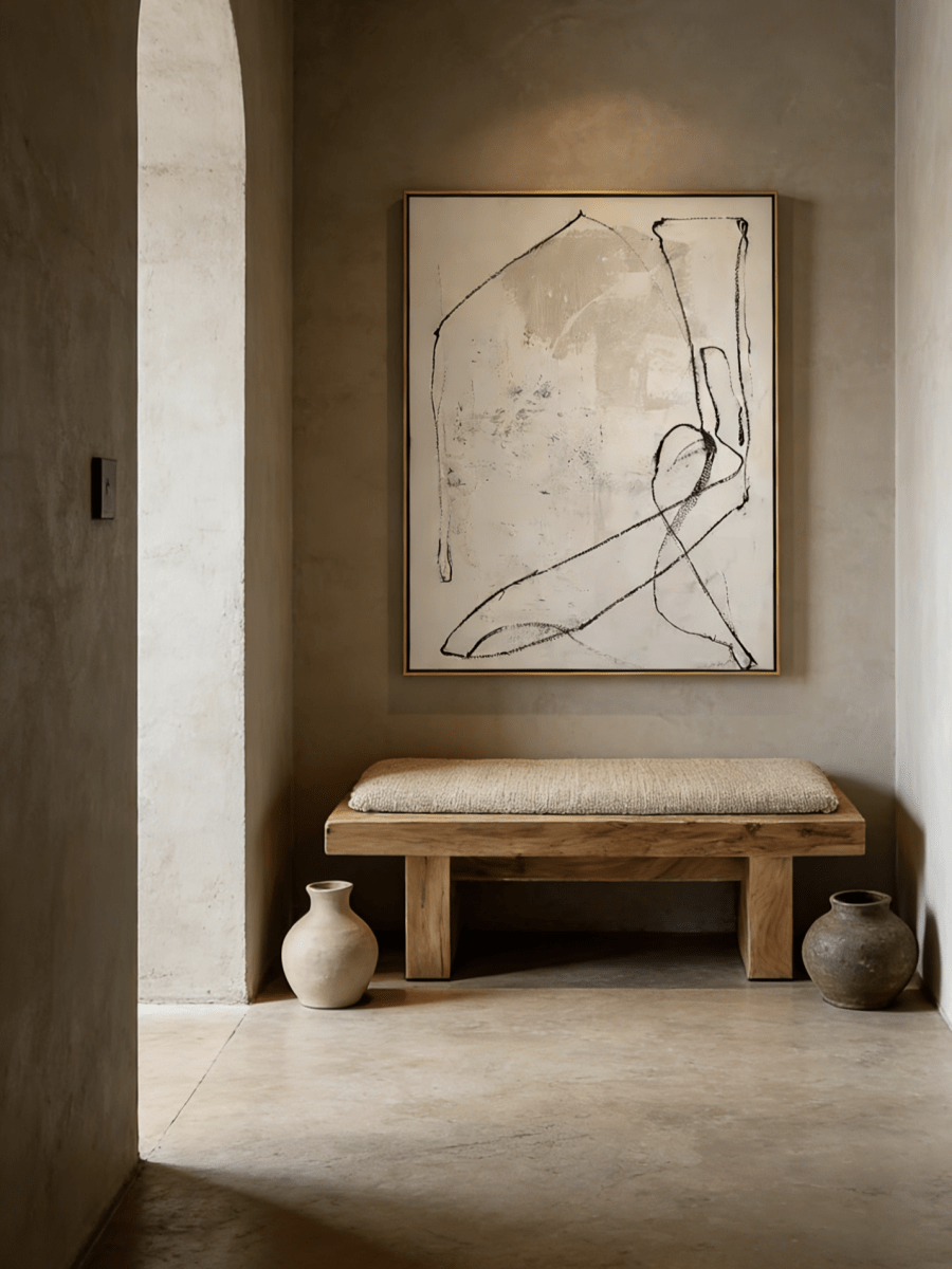 Large hand-painted minimalist abstract line art on canvas, modern monochrome wall decor for luxury home