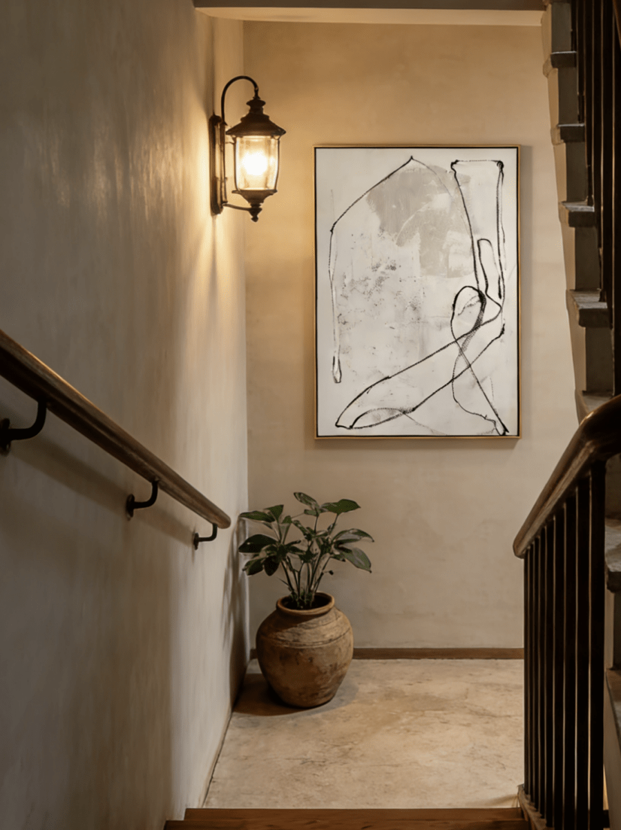 Large hand-painted minimalist abstract line art on canvas, modern monochrome wall decor for luxury home