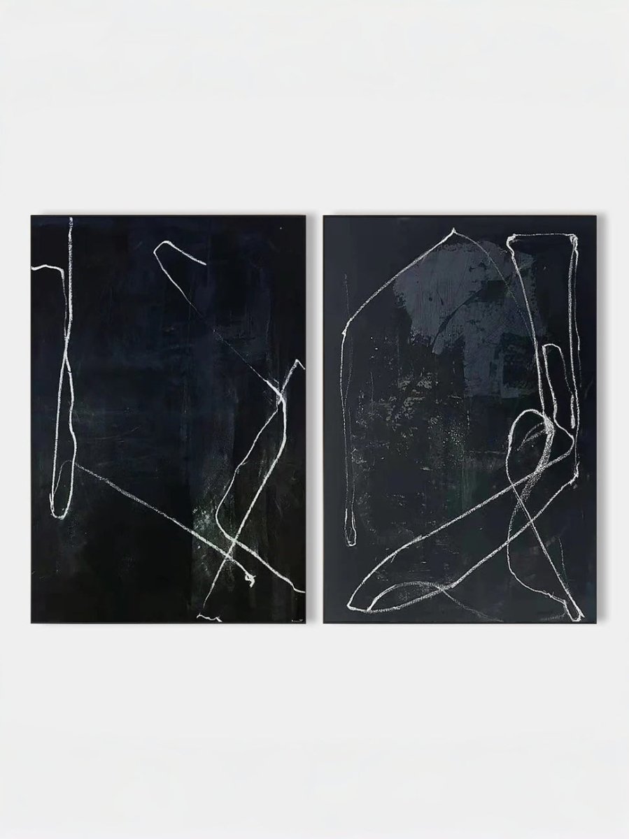 Two-piece hand-painted abstract diptych, white minimalist lines on black textured canvas, luxury wall art for modern living room