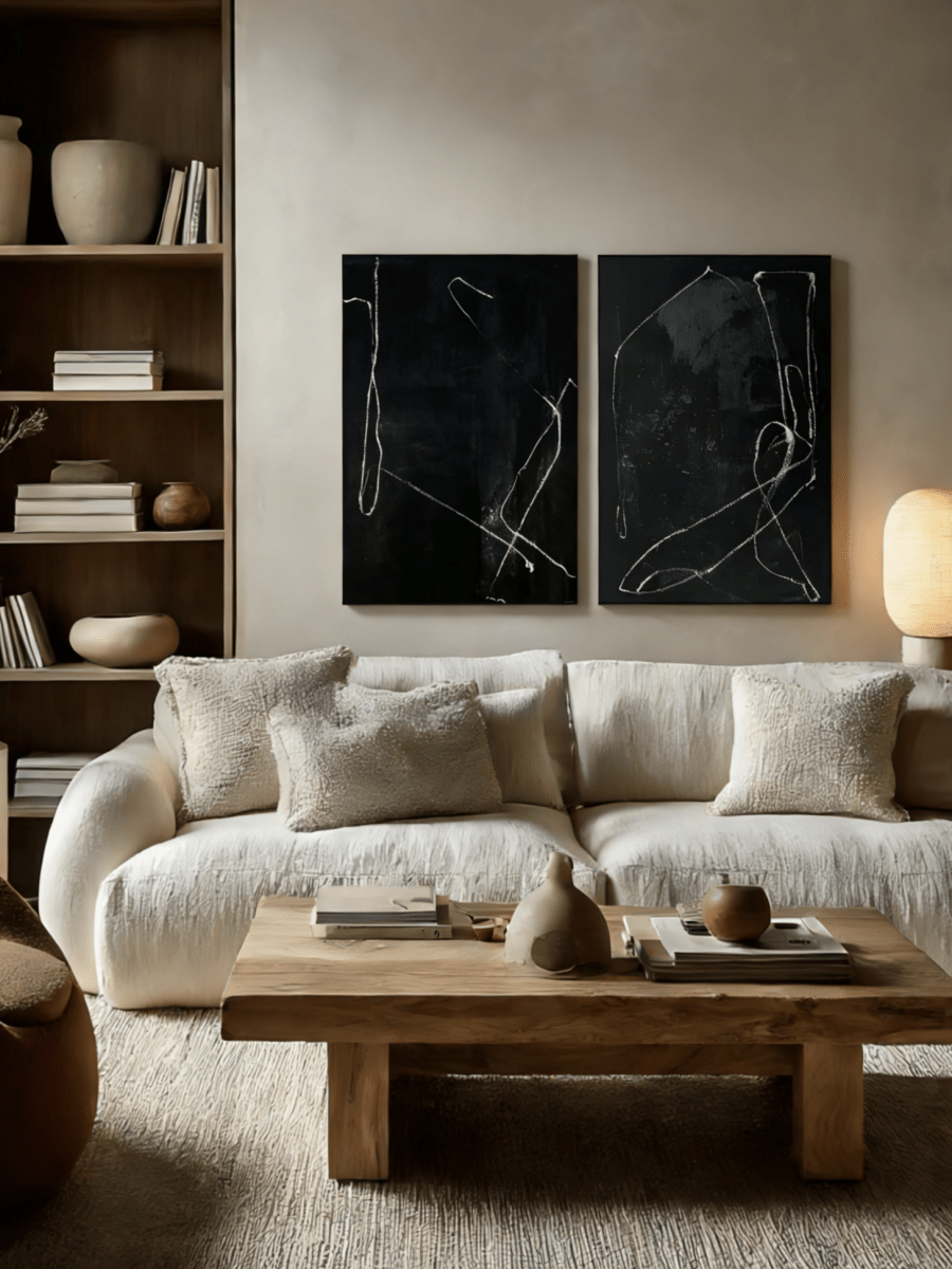 Two-piece hand-painted abstract diptych, white minimalist lines on black textured canvas, luxury wall art for modern living room