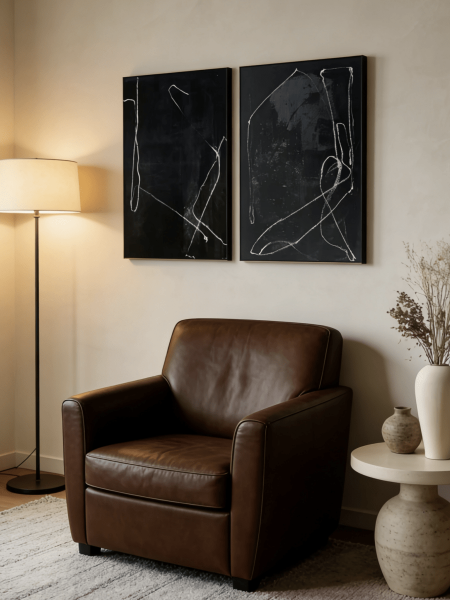 Two-piece hand-painted abstract diptych, white minimalist lines on black textured canvas, luxury wall art for modern living room