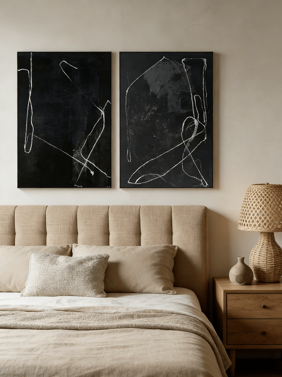 Two-piece hand-painted abstract diptych, white minimalist lines on black textured canvas, luxury wall art for modern living room