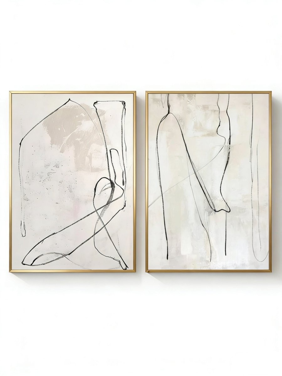 Large hand-painted abstract line art diptych in black and white, modern wall decor set for luxury living room.