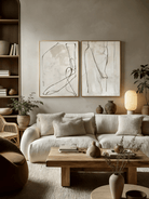 Large hand-painted abstract line art diptych in black and white, modern wall decor set for luxury living room.