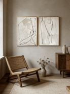 Large hand-painted abstract line art diptych in black and white, modern wall decor set for luxury living room.