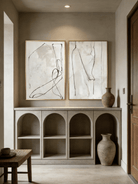 Large hand-painted abstract line art diptych in black and white, modern wall decor set for luxury living room.