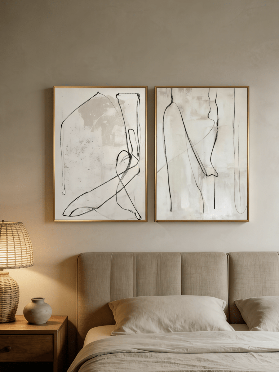 Large hand-painted abstract line art diptych in black and white, modern wall decor set for luxury living room.