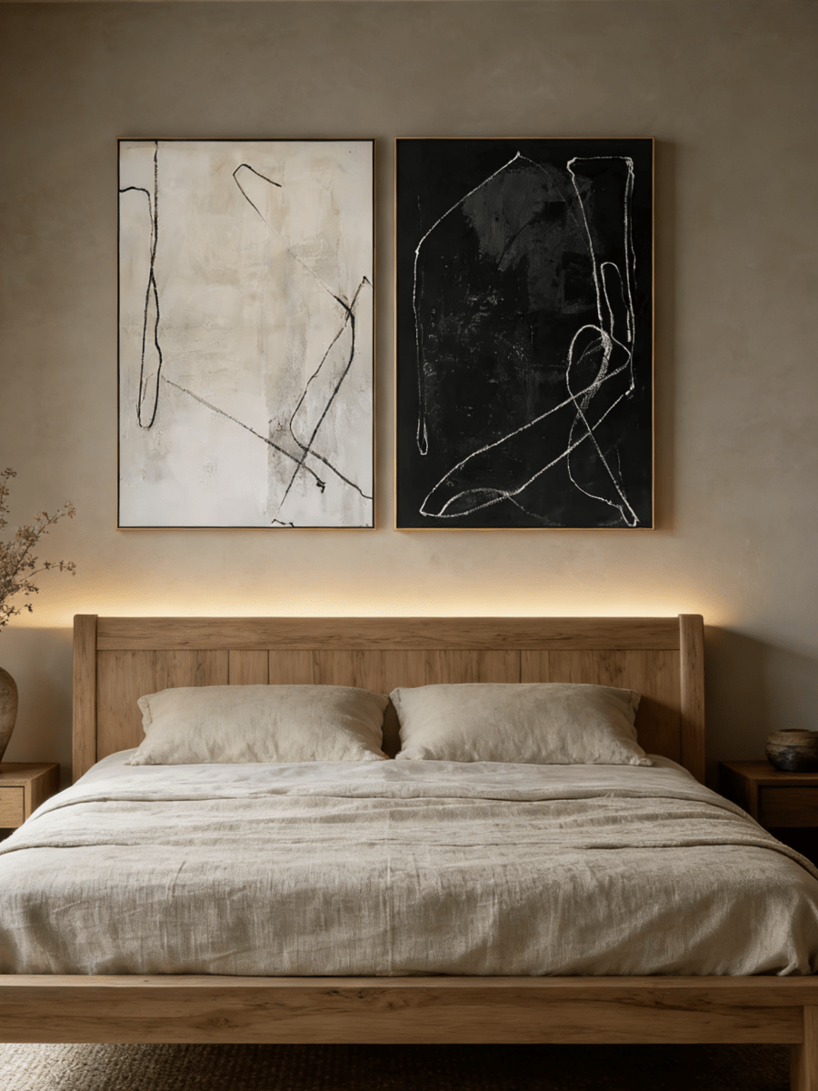 Pair of large hand-painted abstract paintings with white lines on black and black lines on white background, modern gallery-style diptych