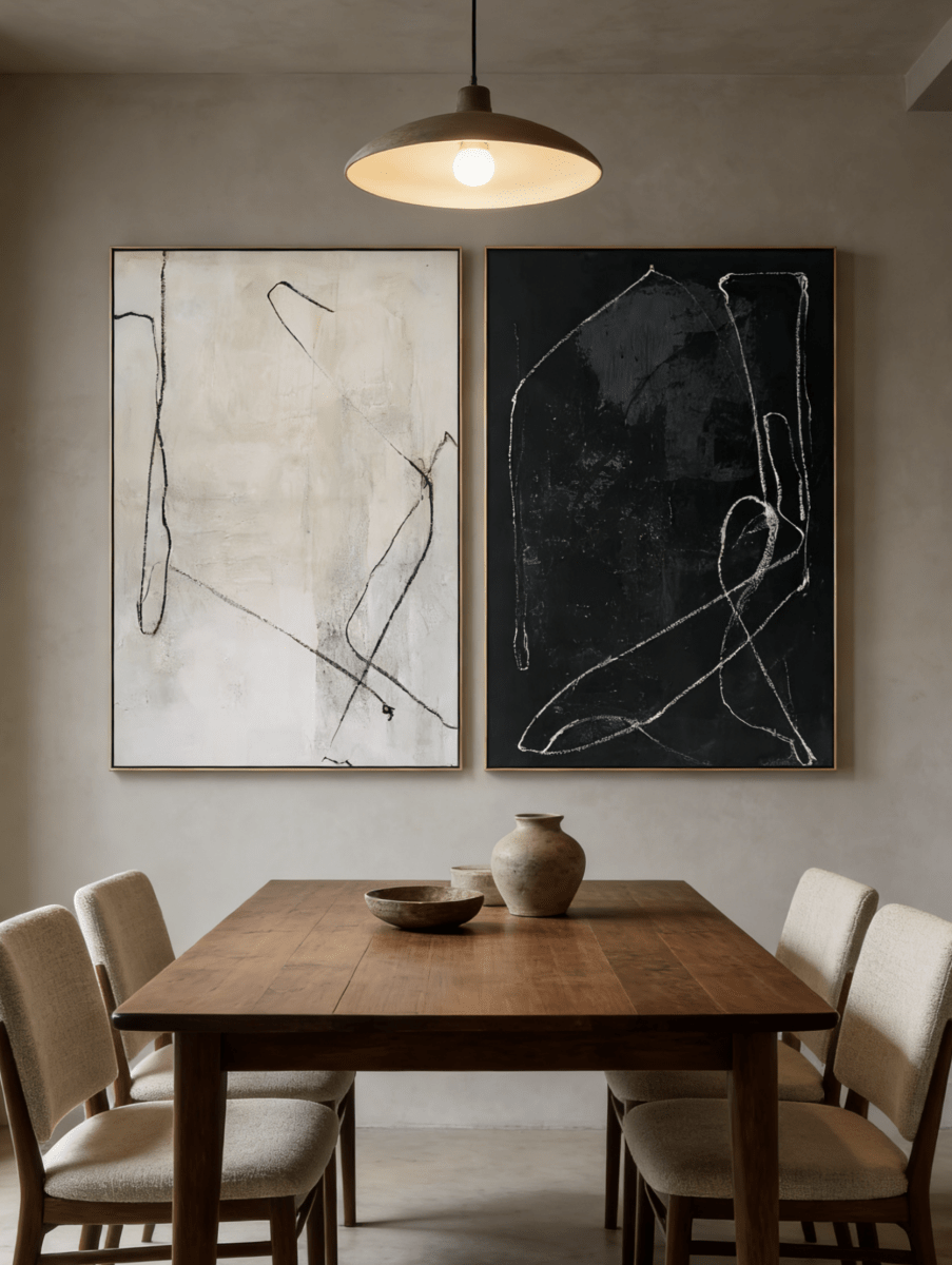 Pair of large hand-painted abstract paintings with white lines on black and black lines on white background, modern gallery-style diptych