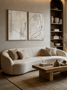 Large hand-painted abstract line art diptych in black and white, modern wall decor set for luxury living room.