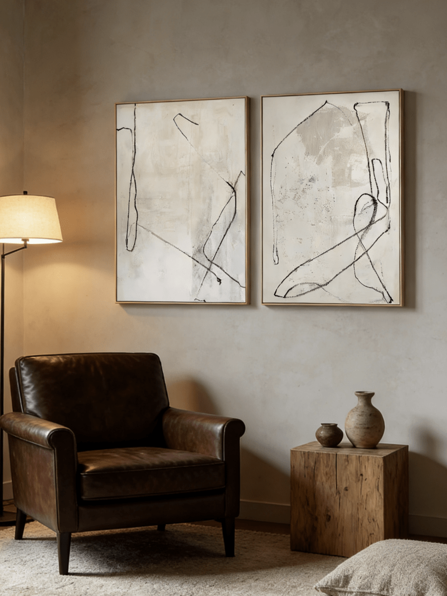 Large hand-painted abstract line art diptych in black and white, modern wall decor set for luxury living room.
