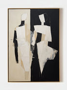 Large hand-painted mid-century modern geometric abstract painting ; bold black, white, and cream shapes in a gold floater frame.