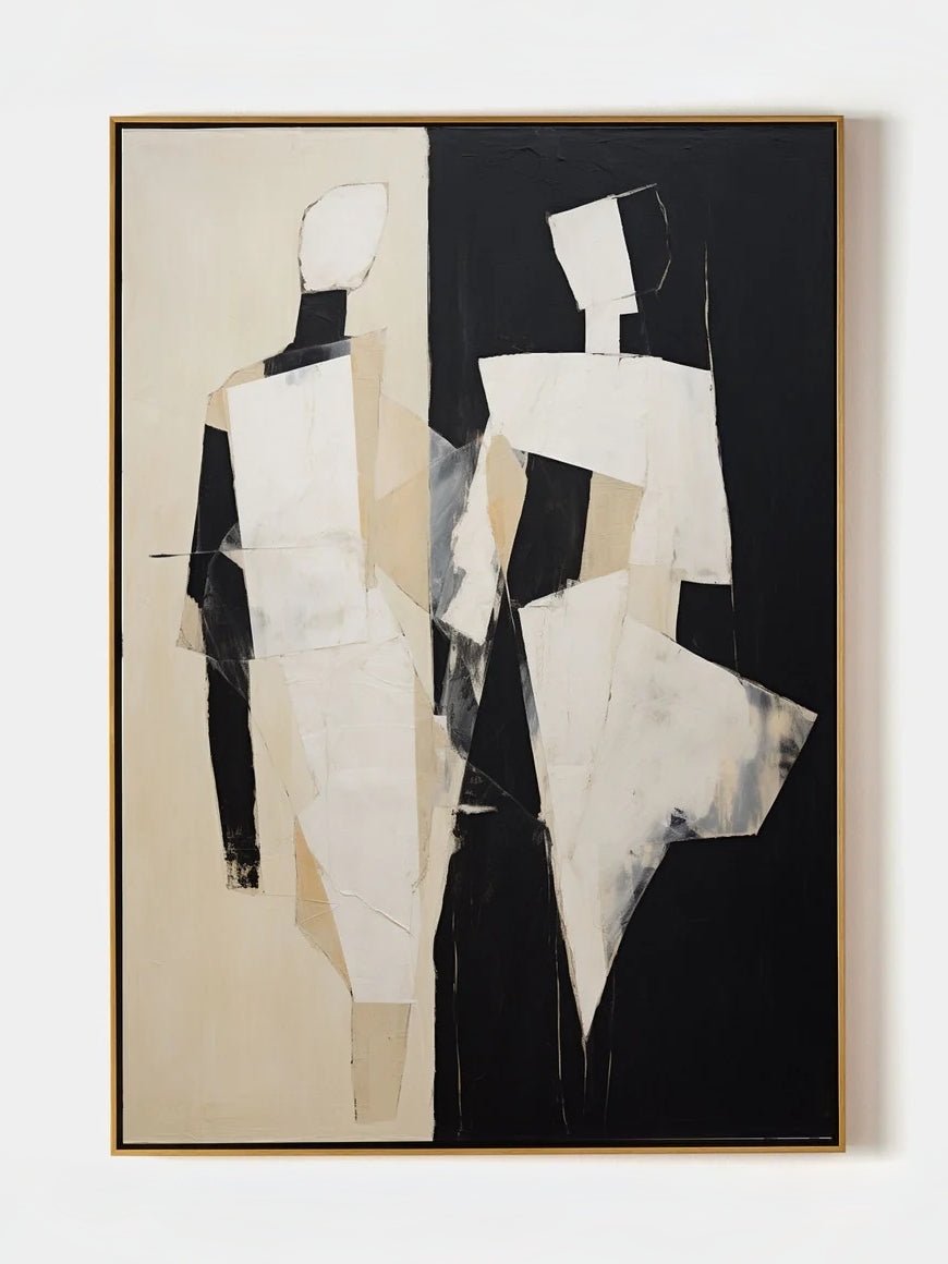 Large hand-painted mid-century modern geometric abstract painting ; bold black, white, and cream shapes in a gold floater frame.