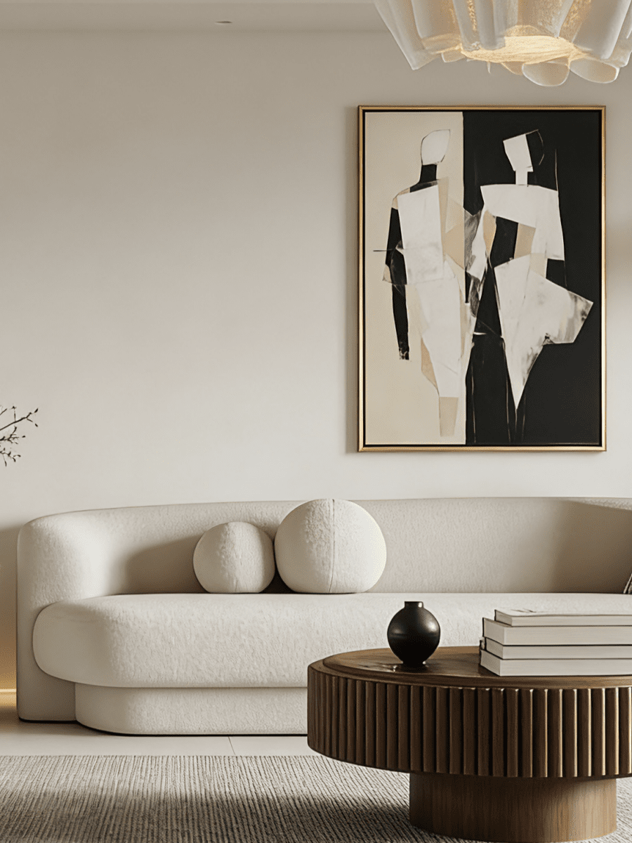 Large hand-painted mid-century modern geometric abstract painting ; bold black, white, and cream shapes in a gold floater frame.