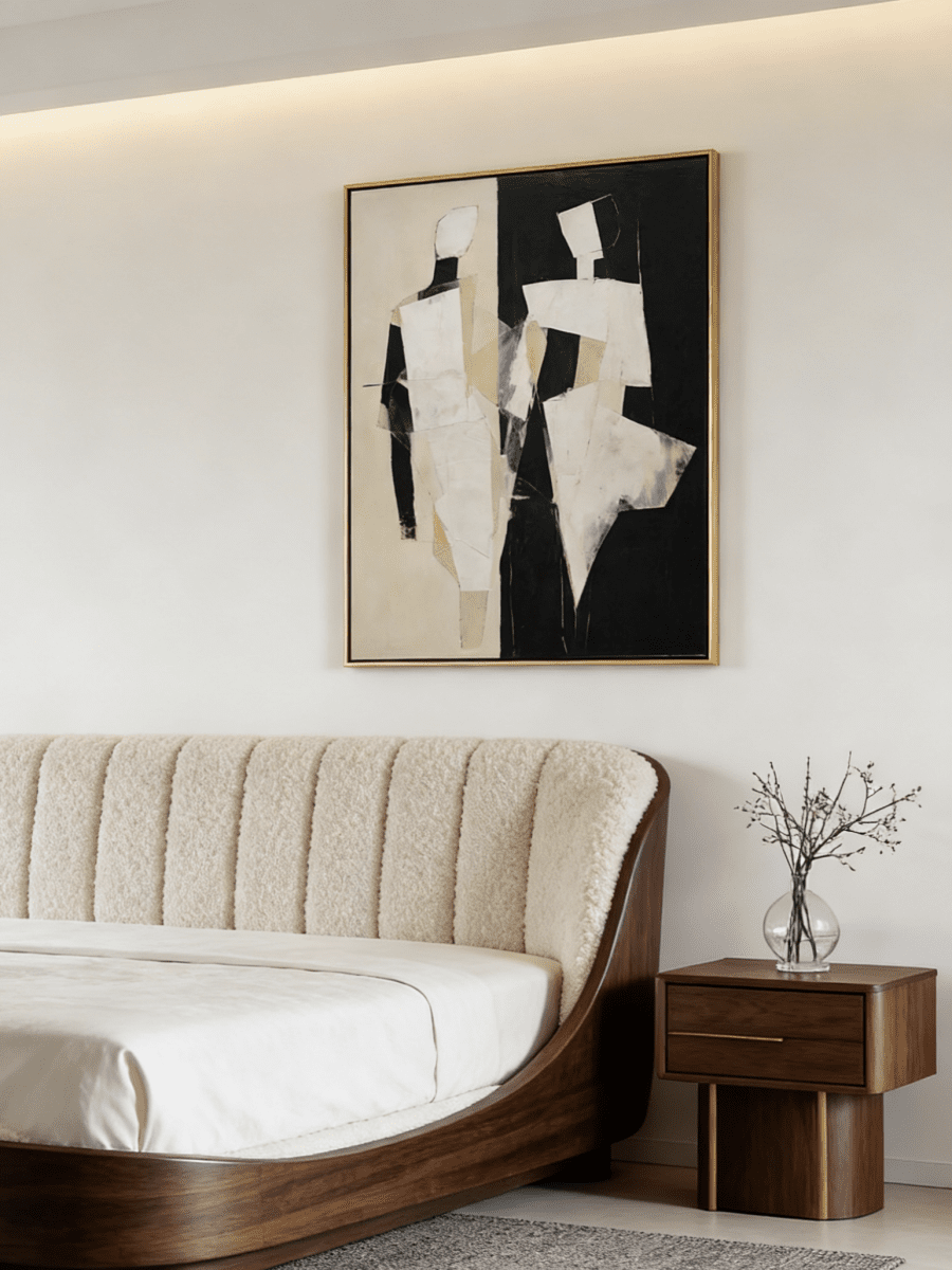 Large hand-painted mid-century modern geometric abstract painting ; bold black, white, and cream shapes in a gold floater frame.