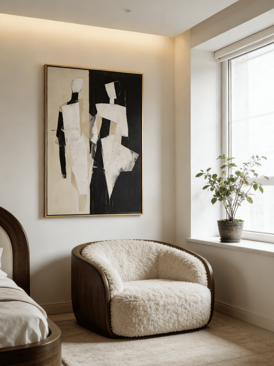 Large hand-painted mid-century modern geometric abstract painting ; bold black, white, and cream shapes in a gold floater frame.