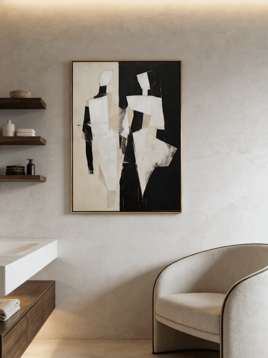 Large hand-painted mid-century modern geometric abstract painting ; bold black, white, and cream shapes in a gold floater frame.