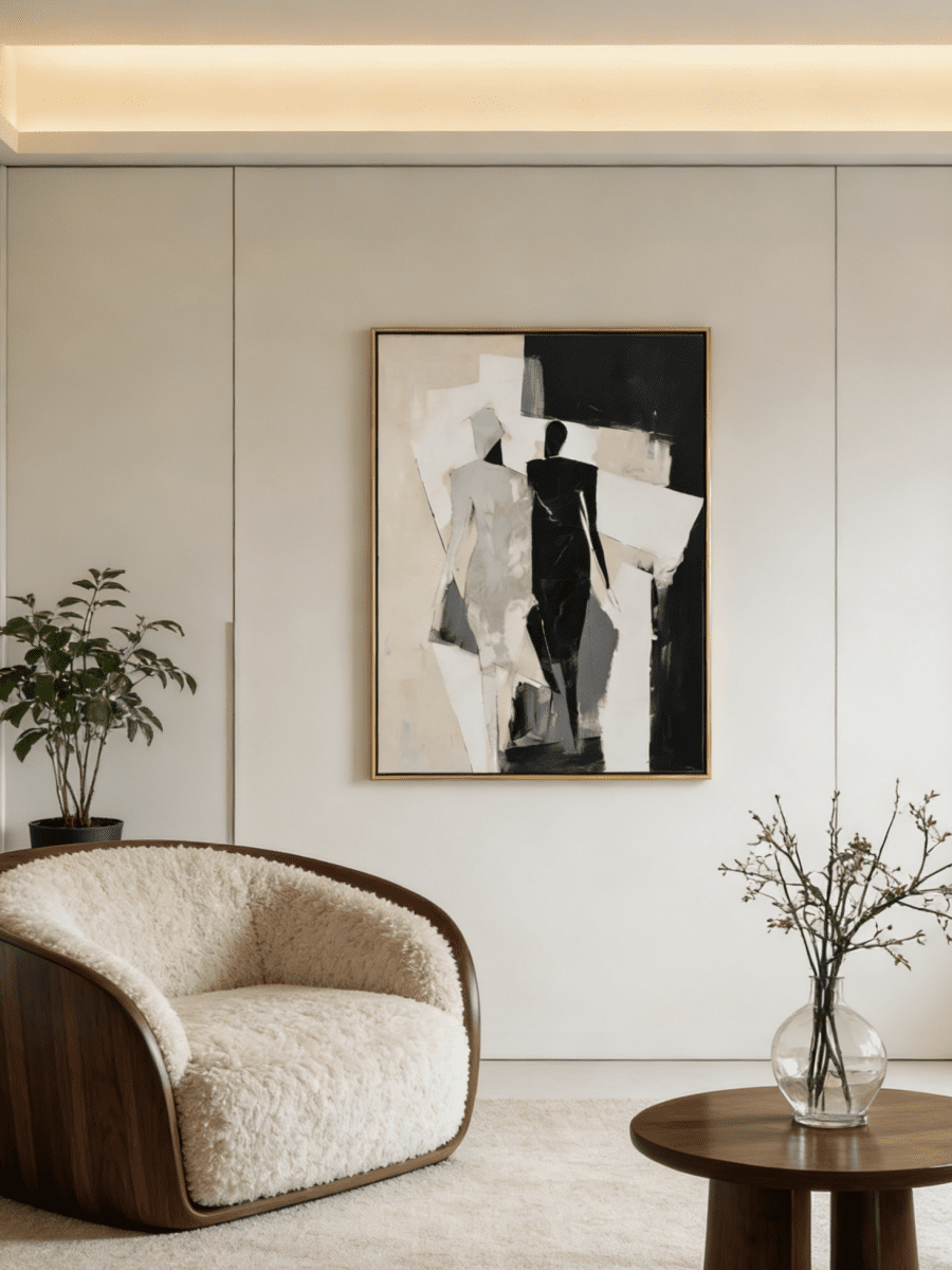 Large hand-painted minimalist abstract canvas art featuring black and white silhouettes and rhythmic lines in a modern home setting.