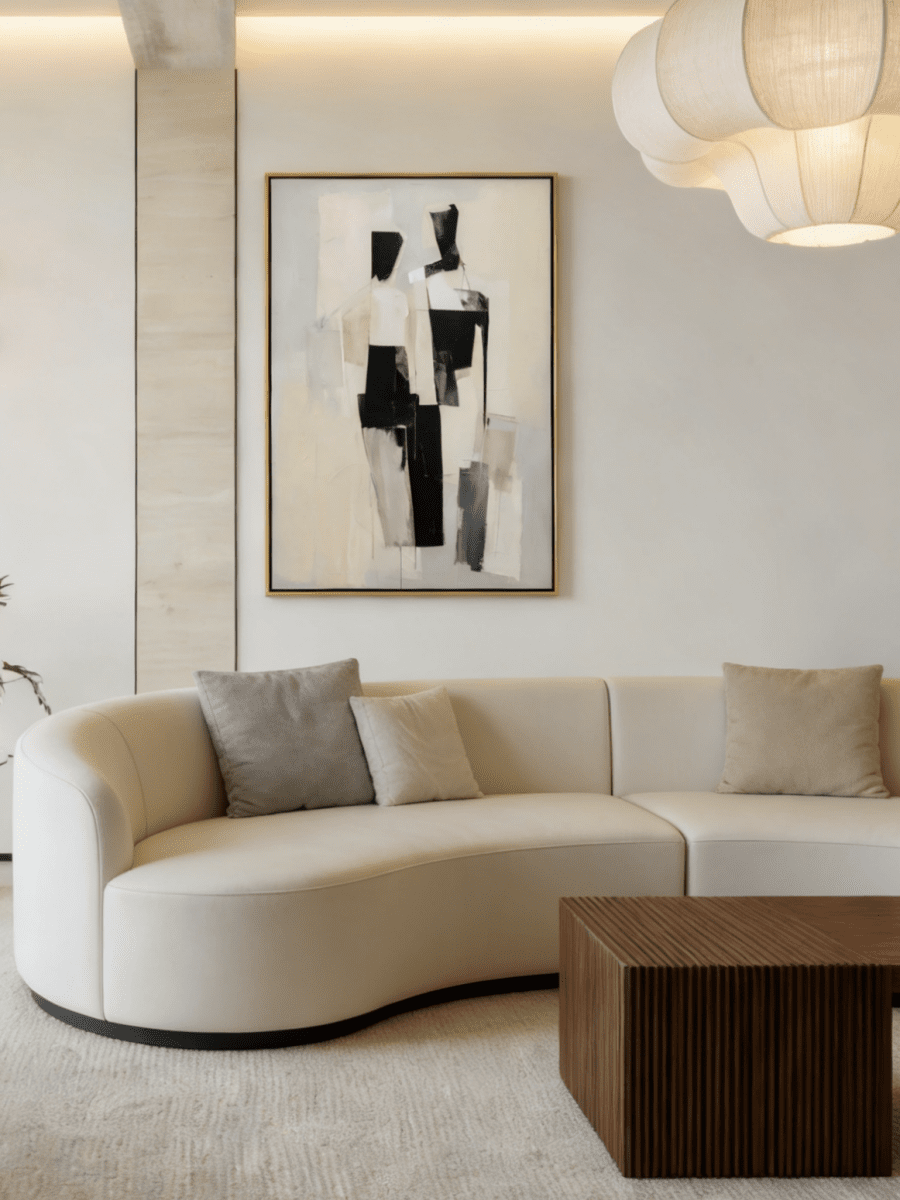 Large hand-painted minimalist linear abstract painting with white lines on a black canvas in a modern gold frame.