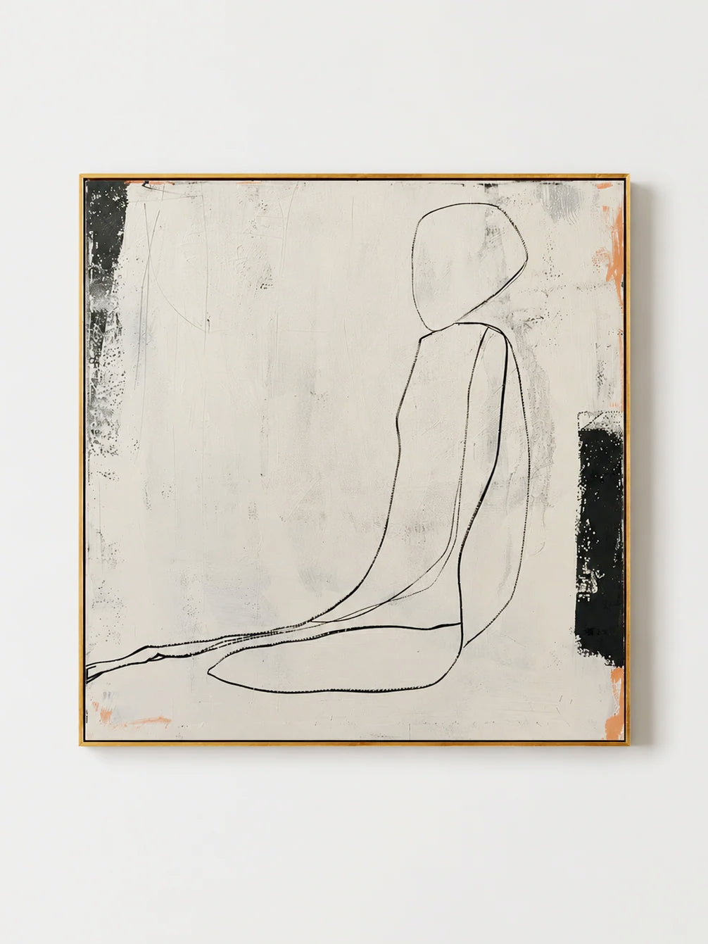Hand painted minimalist line art wall art of a seated female figure on a neutral textured background by Lena Petrova