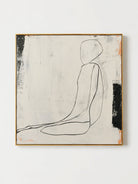 Hand painted minimalist line art wall art of a seated female figure on a neutral textured background by Lena Petrova