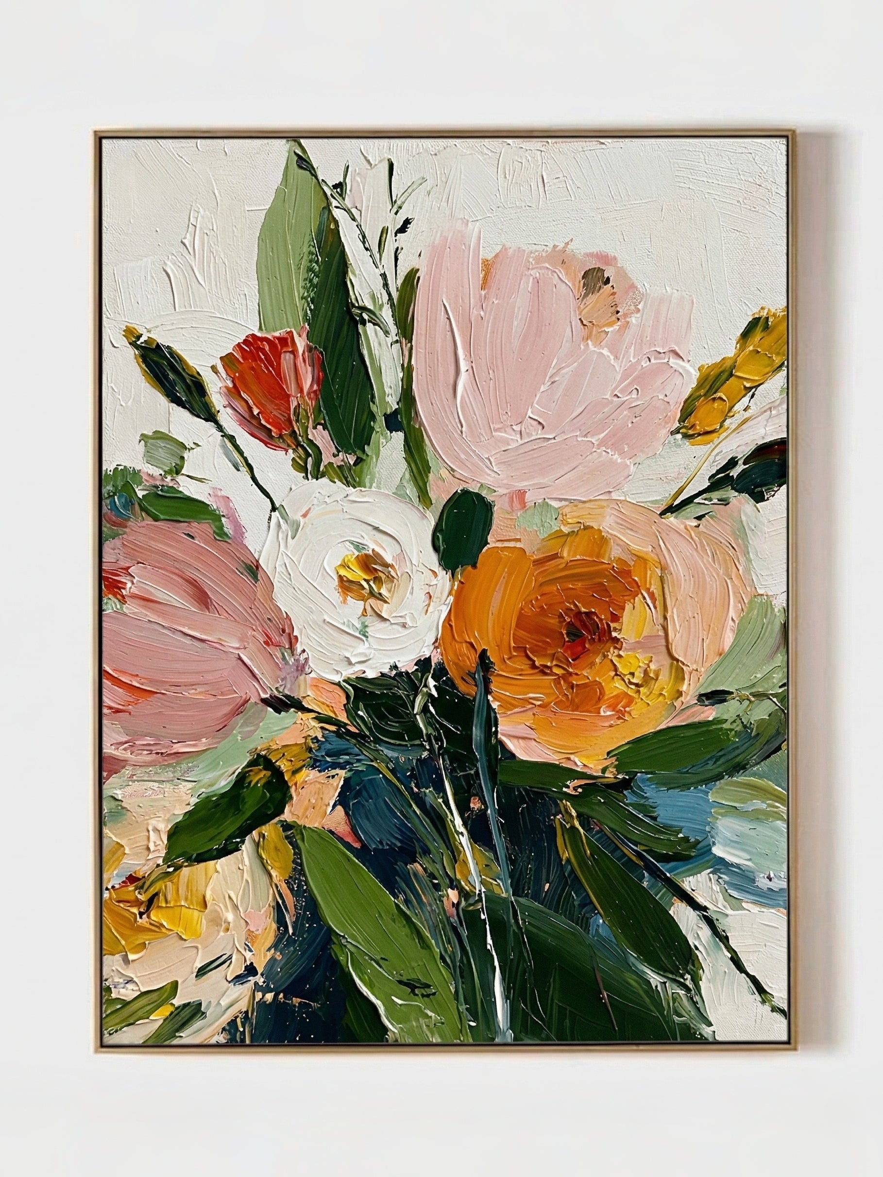 Close-up of 3D heavy textured orange, pink, and white flowers with thick palette knife strokes on a canvas