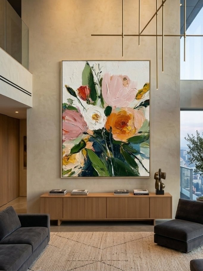 Close-up of 3D heavy textured orange, pink, and white flowers with thick palette knife strokes on a canvas